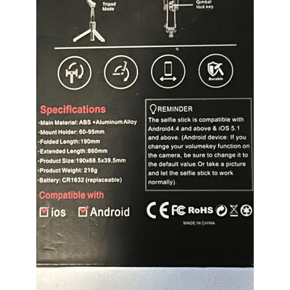 Gimbal Stabilizer AI Selfie Stick Tripod L08 Alumnium Rod Wireless Remote Black